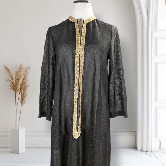 Vintage 70s Black Sheer Sparkle Caftan Size L Gold Braid Trim Zip Maxi Roper - Picture 10 of 16